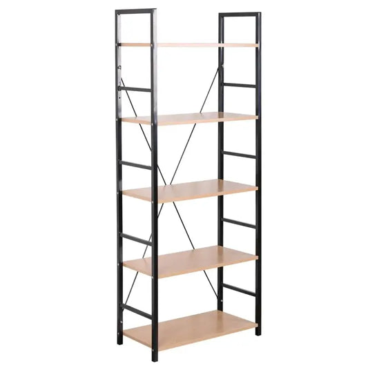 Een hoge, zwarte metalen boekenkast met vijf lichtbruine houten planken, geschikt voor woonkamer of slaapkamer. Modern ontwerp met diagonale steunen voor extra stabiliteit.
