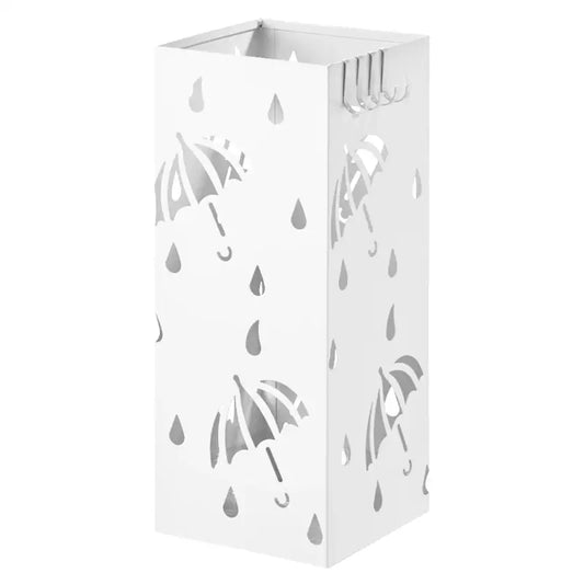 Een witte, rechthoekige parapluhouder met gaten in de vorm van paraplu’s en regendruppels. Gemaakt van metaal, geschikt voor binnen- en buitenruimte, met een praktische hanger aan de bovenkant.