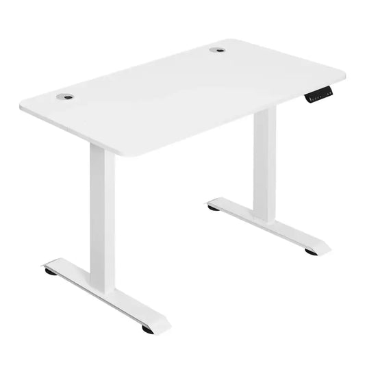 Een witte, elektrische werktafel met glanzende bladoppervlak en verstelbare poten, uitgerust met bedieningsknoppen voor ergonomisch werken. Geschikt voor thuisbureau of kantooromgeving.