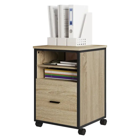 Een licht houten bureau met zwarte metalen frame en wieltjes, voorzien van een ladenruimte en bovenkant met documentenhouder. Ideaal voor kantoor- en thuiswerking, met praktische opbergmogelijkheden.