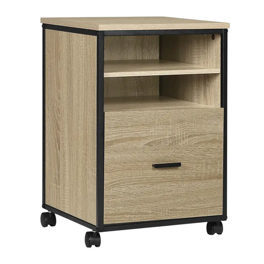 Een licht houten kantoorrek met zwarte metalen frame en wieltjes, voorzien van een laden en een open vak met kleurrijke mapjes en witte mapkasten, ideaal voor kantoororganisatie en documentopslag.