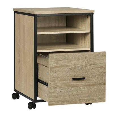 BukkitBow - Mobiele Compacte Archiefkast/Bijzettafel/Nachtkastje - Met 2 Planken en Lade voor Opbergruimte - Zwart Metaal met Eikenhout (40X40X60CM)