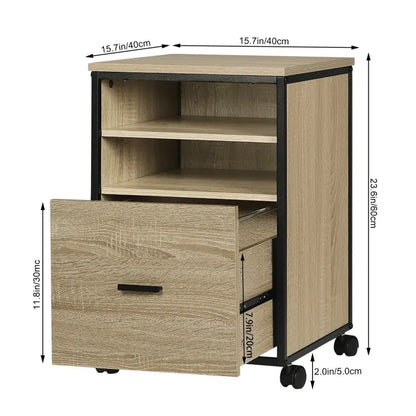 BukkitBow - Mobiele Compacte Archiefkast/Bijzettafel/Nachtkastje - Met 2 Planken en Lade voor Opbergruimte - Zwart Metaal met Eikenhout (40X40X60CM)