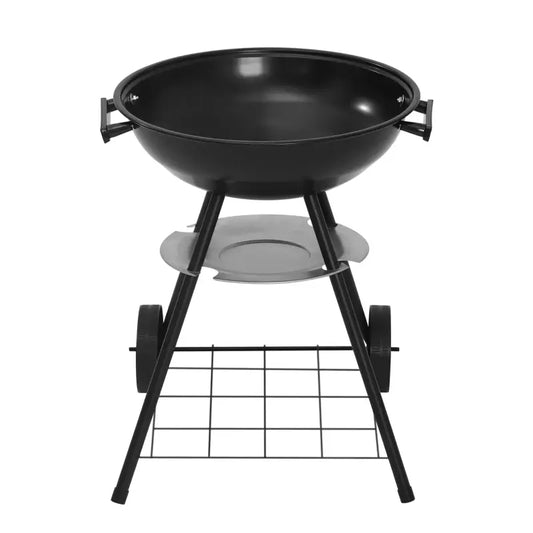 Zwarte, ronde gril met afdekking en handgrepen, voorzien van wielen en ondersteunende metalen rek. Ideaal voor buitenbarbecue’s en grillavonden.