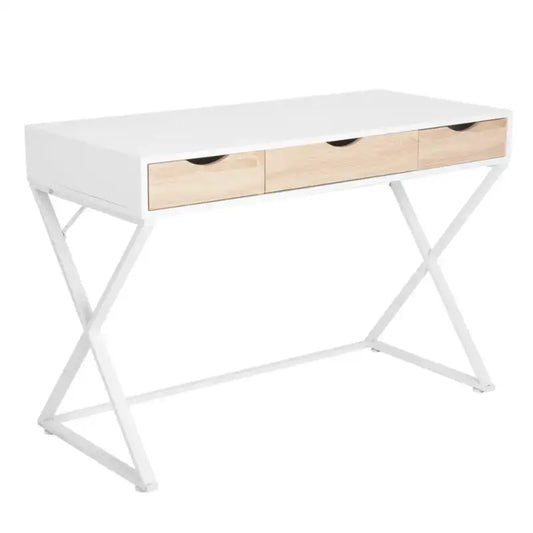 Een moderne witte schrijftafel met drie houten laden en een X-vormige metalen onderbouw, ideaal voor een minimalistisch kantoor of thuisbureau. Perfect voor studie- of werkplekken met een stijlvolle, functionele uitstraling.