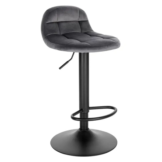 Grijze fluweelbekleding met gestikte zitting en zwarte metalen poten, voorzien van een verhoogbare hendel en een stabiliserende voetplaat. Ideaal voor moderne bar- of keukenmeubilair.