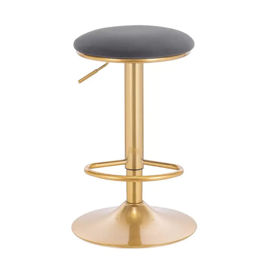 Een moderne, goudkleurige barstoel met een donkergrijze, zacht uitziende zitting en een verstelbare hendel. Geschikt voor keuken of bar, met een stijlvolle, metalen constructie voor comfort en stijl.