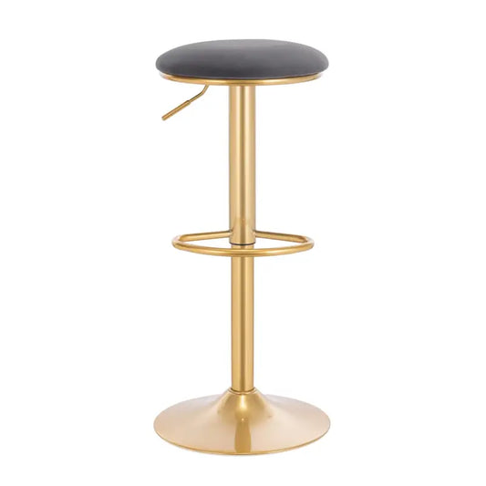 Een moderne, goudkleurige barstoel met een donkergrijze, zacht uitziende zitting en een verstelbare hendel. Geschikt voor keuken of bar, met een stijlvolle, metalen constructie voor comfort en stijl.