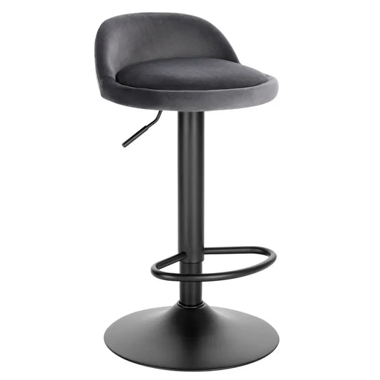 Grijze fluweelbekleding barstoel met verstelbare hoogte en metalen voet. Geschikt voor moderne keukens of bars, met comfortabele zitting en stabiliteit.
