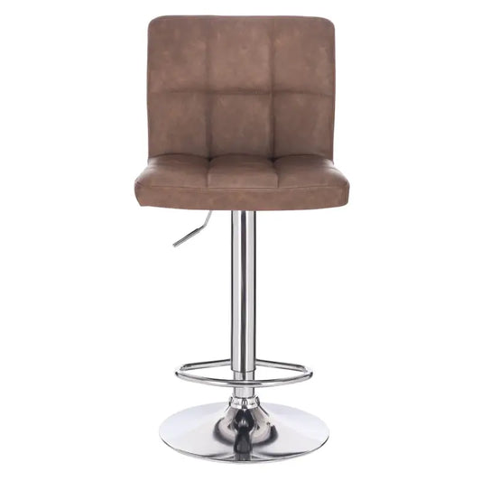 Brown leatherette barstool met gepolsterde zitting en rugleuning, chromen verhoogbare steel en stabilisatievoet. Ideaal voor moderne keuken of bar, comfortabel en stijlvol.