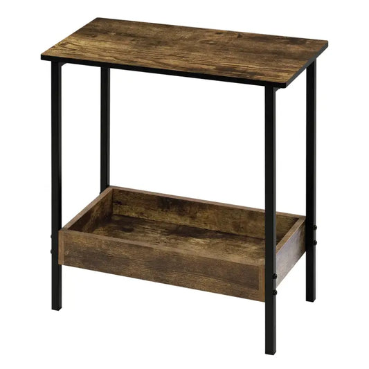 Een industriële salontafel met donkerbruine houten blad en onderbord, ondersteund door zwarte metalen poten. Geschikt voor woonkamer of slaapkamer als decoratief meubelstuk.