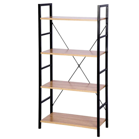 Een moderne, vierlaagse boekenkast met zwart metaalframe en lichtbruine houten planken, voorzien van diagonale steunen. Ideaal voor woonkamer of slaapkamer als opbergoplossing.