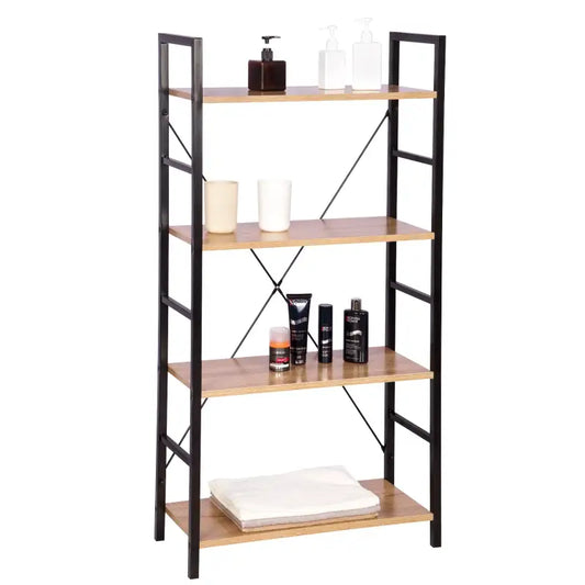 Een zwarte metalen boekenkast met vier houten planken, geschikt voor woonkamer of slaapkamer. Modern ontwerp met kruisvormige steunen voor extra stabiliteit.