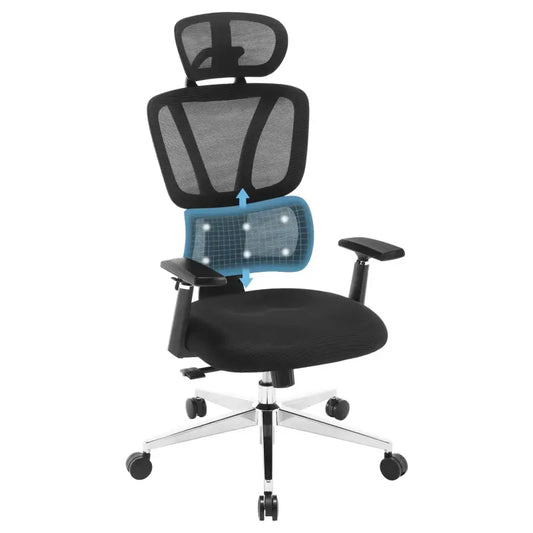 Zwarte ergonomische kantoorkruk met mesh rug, hoofdsteun en verstelbare armleuningen. Metalen vijfsterrenbasis met wieltjes voor comfortabel werkplek gebruik.