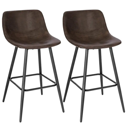 Bruine, textuurrijke kunstleer barstools met zwarte metalen poten, geschikt voor moderne keukens of bars. Stijlvolle design voor comfortabele zitplaatsen in een woon- of eetruimte.
