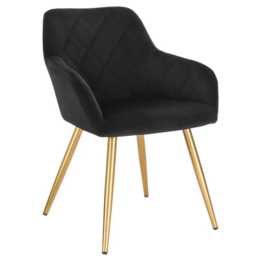 Een zwarte, gestoffeerde stoel met diamantstiksel en goudkleurige metalen poten, ideaal voor moderne eetkamer- of woonkamermeubels. Luxueuze velours bekleding met stijlvolle, schuin geplaatste poten.