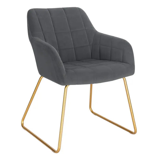 Grijze fluweelstoel met gestikt zitvlak en goudkleurige metalen poten, ideaal voor moderne woonkamer of eetkamer. Stijlvolle designstoel met comfortabele armleuningen en elegante lijnen.