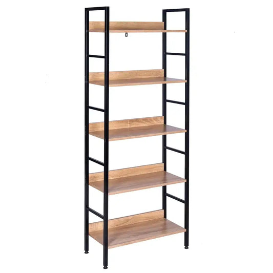 Een hoog, zwart metalen boekenkast met vijf houten planken in lichte eikenkleur, geschikt voor woonkamer of slaapkamer. Ideaal voor boeken, decoraties of opslag in een moderne interieur.