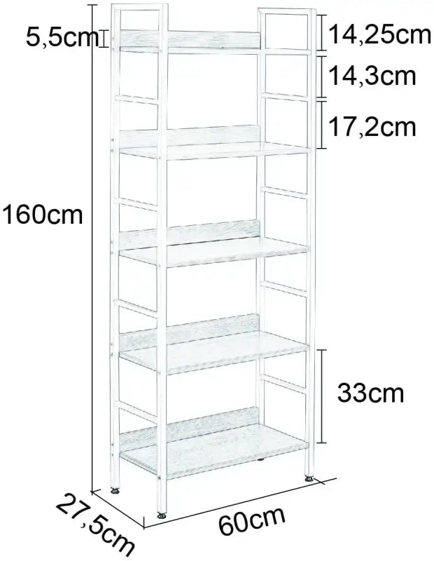 BukkitBow - Moderne Open Planken/Kast - 5 Laags Opslag - Stevig & Duurzaam - Veelzijdig Design - 60x27.5x160 cm