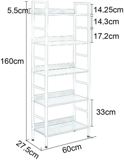 BukkitBow - Moderne Open Planken/Kast - 5 Laags Opslag - Stevig & Duurzaam - Veelzijdig Design - 60x27.5x160 cm