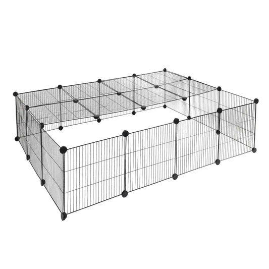 Zwart metalen kooi voor honden of katten, met verstelbare panelen en verstevigde hoeken. Ideaal voor binnen- en buitengebruik, geschikt voor huisdieren en veiligheid.