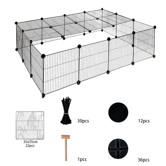 Zwart metalen kooi voor honden of katten, met verstelbare panelen en verstevigde hoeken. Ideaal voor binnen- en buitengebruik, geschikt voor huisdieren en dierenverzorging.