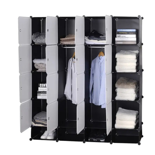 Zwart opbergkast met witte deuren, gevuld met kleding, boeken en handdoeken. Ideaal voor kleine ruimtes en organisatie in slaapkamers of kantoren.