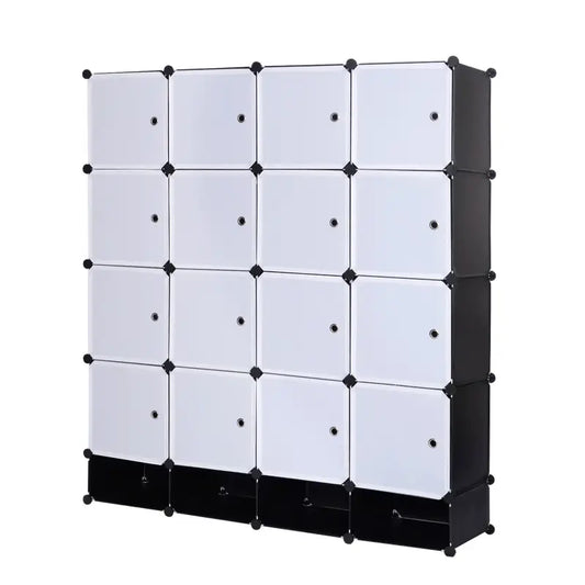 Zwart opbergkast met witte deuren, gevuld met kleding, boeken en handdoeken. Ideaal voor kleine ruimtes, perfect voor kledingorganisatie en persoonlijke spullen.
