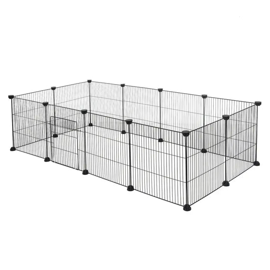 Zwart metalen hok voor huisdieren, bestaande uit meerdere verbindbare panelen met een deur. Geschikt voor katten of kleine honden, met sterk en veilig ontwerp voor binnen- en buitengebruik.