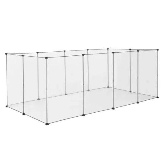 Transparante kooi voor honden of katten, gemaakt van sterk, flexibel net en zwart metalen frame. Ideaal voor binnen- en buitenruimte, geschikt voor huisdieren en veiligheid.