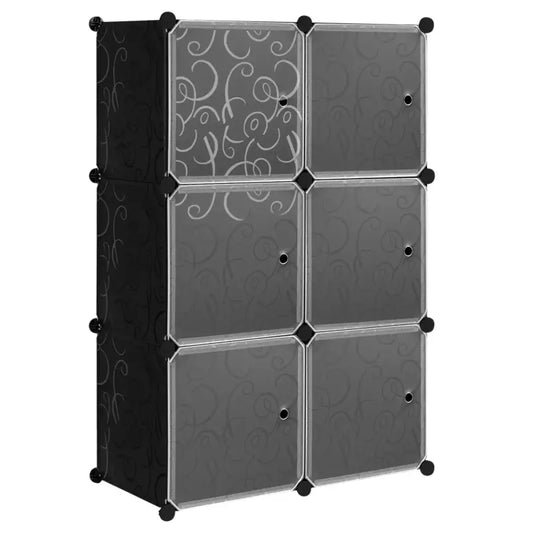 Een zwarte opbergkast met glazen deuren en elegante witte krulpatronen, geschikt voor kantoor- of woonruimteorganisatie. De modulaire constructie biedt flexibele opslagoplossingen voor kleine tot grote items.