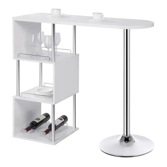 Een witte, moderne barhocker met glazen schuifdeuren en een metalen frame, voorzien van een hoge tafel met een ronde rand, geschikt voor woonkamer of bar. Ideaal voor thuisbar of kleine feestjes met een minimalistisch design.