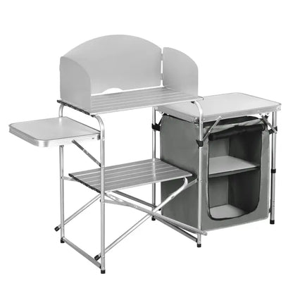 BukkitBow - Multifunctionele Campingkeuken - Roestvrij Staal met MDF en Oxford-Doek - 60kg Laadcapaciteit - Opbergtas Inbegrepen - 147x40x111cm