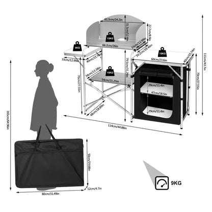 BukkitBow - Multifunctionele Campingkeuken - Roestvrij Staal met MDF en Oxford-Doek - 60kg Laadcapaciteit - Opbergtas Inbegrepen - 147x40x111cm
