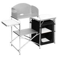 BukkitBow - Multifunctionele Campingkeuken - Roestvrij Staal met MDF en Oxford-Doek - 60kg Laadcapaciteit - Opbergtas Inbegrepen - 147x40x111cm