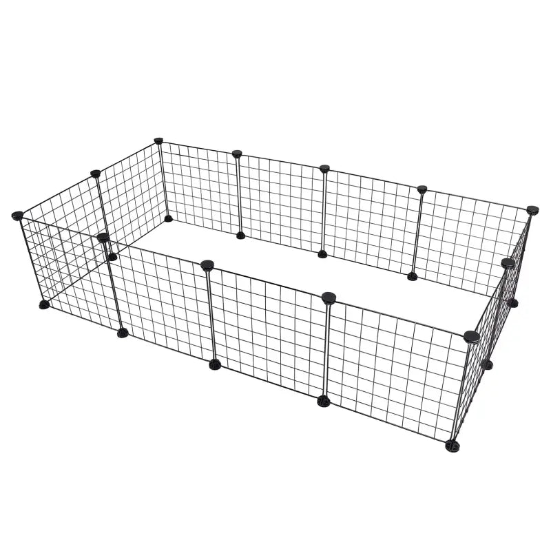Zwart metalen kooi voor honden of katten, bestaande uit verbindbare panelen met een rasterstructuur en stabiliserende voetstukken. Ideaal voor binnen- en buitengebruik als veilige speelruimte.