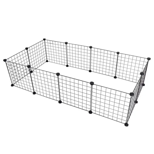 Zwart metalen kooi voor honden of katten, bestaande uit verbindbare panelen met een rasterstructuur en stabiliserende voetstukken. Ideaal voor binnen- en buitengebruik als veilige speelruimte.