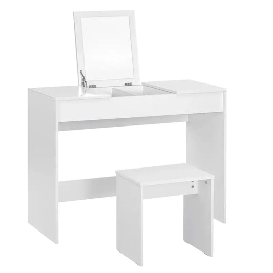 Een witte make-up tafel met opklapbaar spiegel en ingebouwde lichtsensor, inclusief bijpassende stoel. Geschikt voor dagelijkse make-up of nagelverzorging in slaapkamer of badkamer.