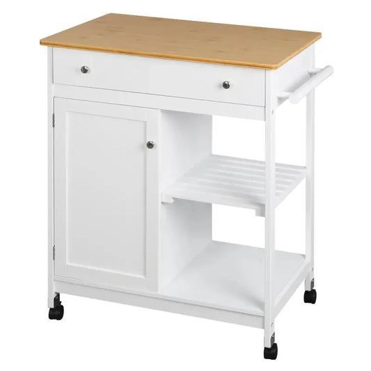Een witte keukengereedschapskast met een lichtbruine bamboeblad, een deur, een lade en een open plank, voorzien van wieltjes voor mobiele keukenopslag. Ideaal voor keukenwerkblad en opslag in de keuken.