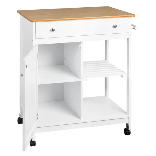 Een witte keukentrolley met een lichtbruine bamboeblad, een ladenkast, een open plank en wielen, geschikt voor mobiele keukenopslag en bereiding.