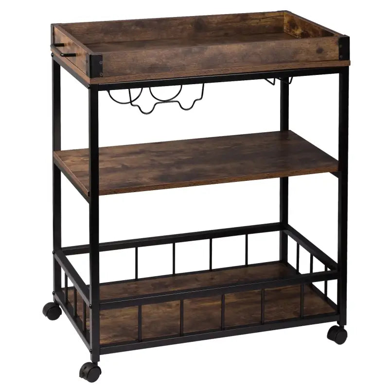 Donkerbruine houten barwagen met zwart metalen frame, drie planken en wieltjes, voorzien van een wijnrek. Ideaal voor wijnserveren en barfunctie in de woonkamer.