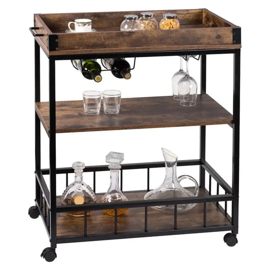 Donkerbruine houten barwagen met zwart metalen frame, drie planken en wieltjes, voorzien van een wijnrek. Ideaal voor wijnservering en barfunctie in de woonkamer.