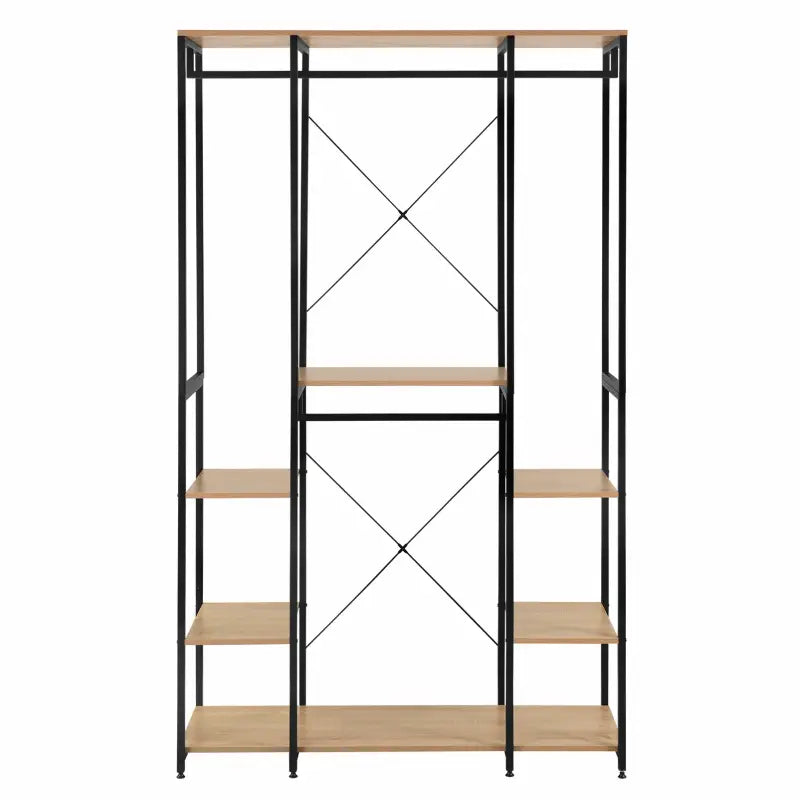BukkitBow - Multifunctionele Open Garderobe - Met 4 Kledingrails - Stalen Frame met Eikenhout - Max 30 kg per Plank - 120x40x201cm