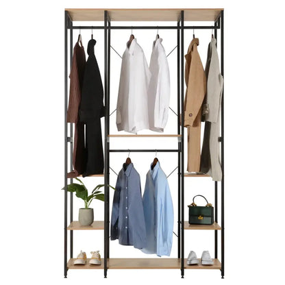 BukkitBow - Multifunctionele Open Garderobe - Met 4 Kledingrails - Stalen Frame met Eikenhout - Max 30 kg per Plank - 120x40x201cm