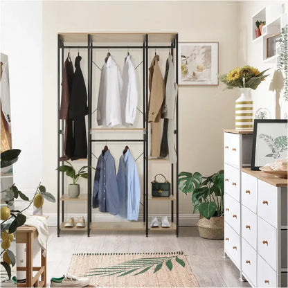 BukkitBow - Multifunctionele Open Garderobe - Met 4 Kledingrails - Stalen Frame met Eikenhout - Max 30 kg per Plank - 120x40x201cm