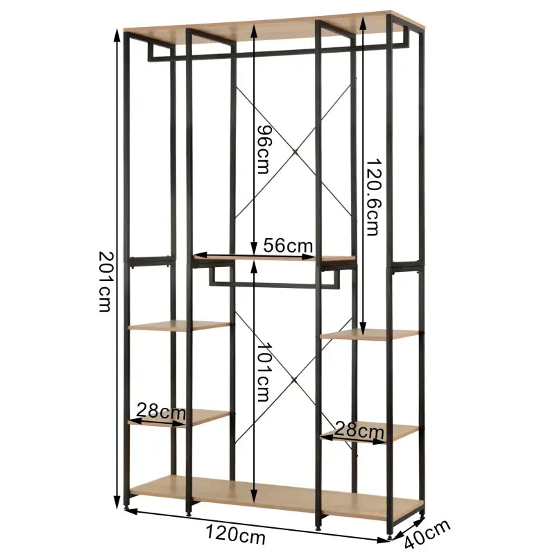 BukkitBow - Multifunctionele Open Garderobe - Met 4 Kledingrails - Stalen Frame met Eikenhout - Max 30 kg per Plank - 120x40x201cm