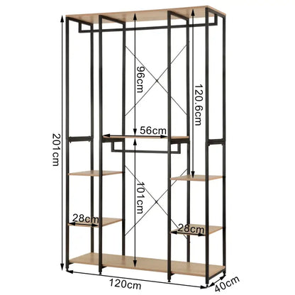BukkitBow - Multifunctionele Open Garderobe - Met 4 Kledingrails - Stalen Frame met Eikenhout - Max 30 kg per Plank - 120x40x201cm
