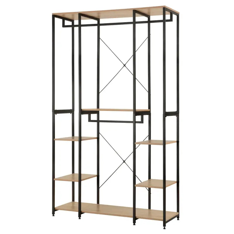 BukkitBow - Multifunctionele Open Garderobe - Met 4 Kledingrails - Stalen Frame met Eikenhout - Max 30 kg per Plank - 120x40x201cm