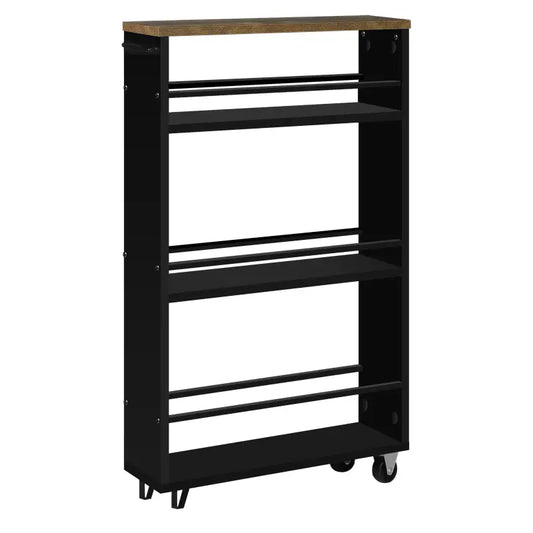Een zwarte, mobiele boekenkast met houten bovenplaat en vier rollen, geschikt voor woon- of kantoorruimte. Ideaal voor flexibele opslag en decoratieve functie in moderne interieurs.