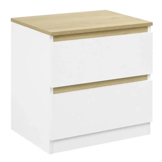 Een wit nachtkastje met houten blad en trekker, geschikt voor slaapkameropslag. Modern design met glanzende fronten en natuurlijke eikenkleurige accenten.